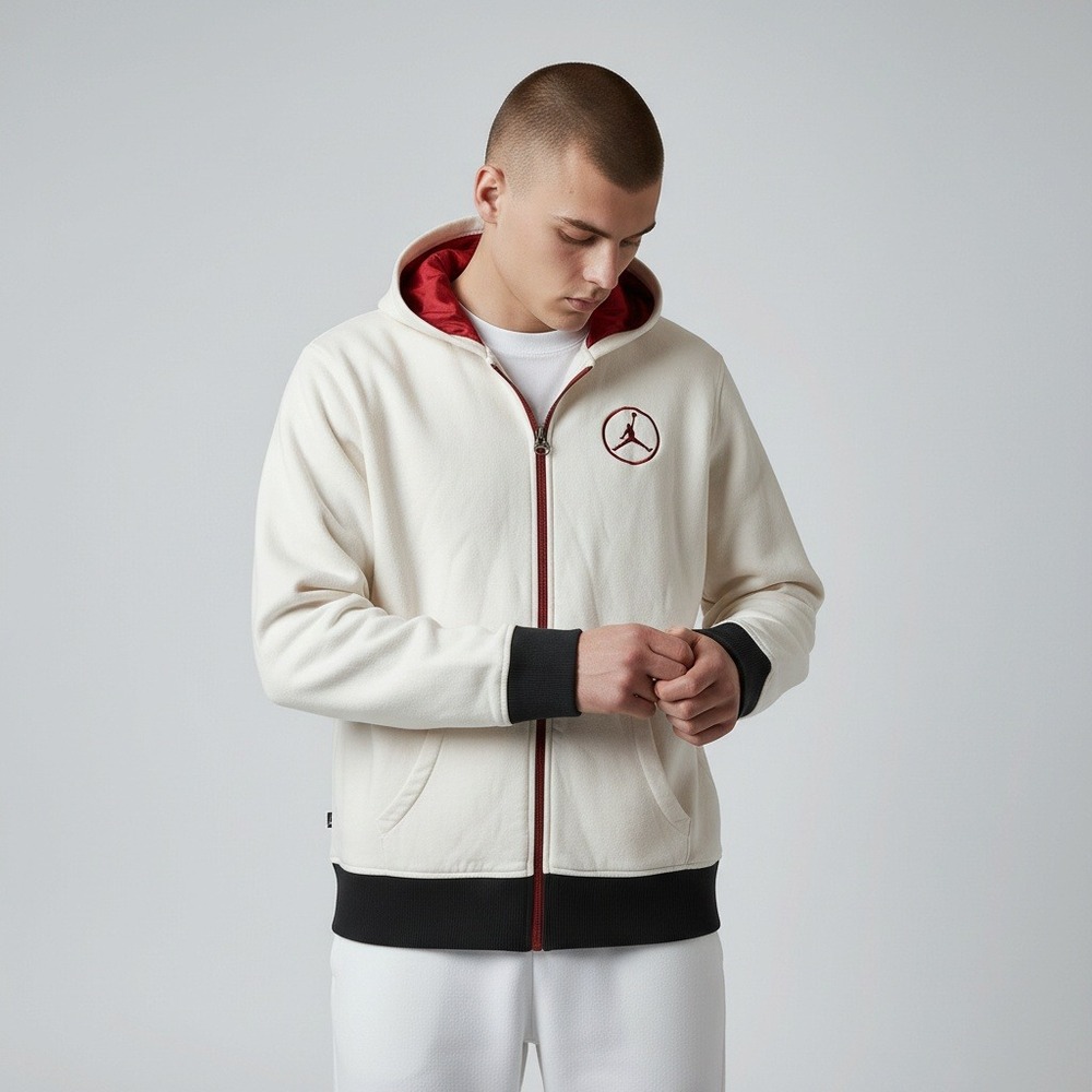 Jordan Full Zip Hoodie L Cream Black Red Satin Lined Jumpman Logo Sportswear